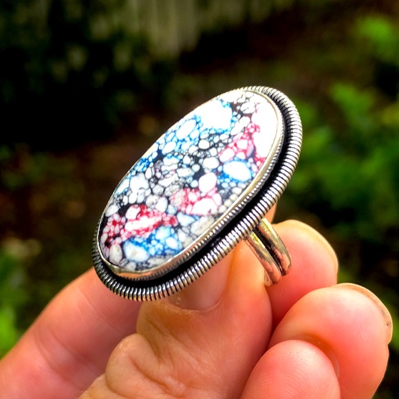 Sterling Silver 925 Handmade Multicolor White Howlite Ring Size 7 - Picture 6 of 7